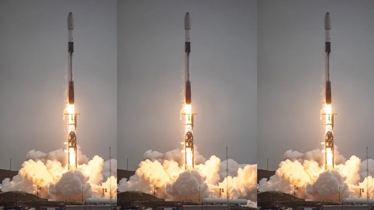 A SpaceX Falcon 9 rocket launching into the sky with flames and smoke, symbolizing advancements in reusable spaceflight technology.