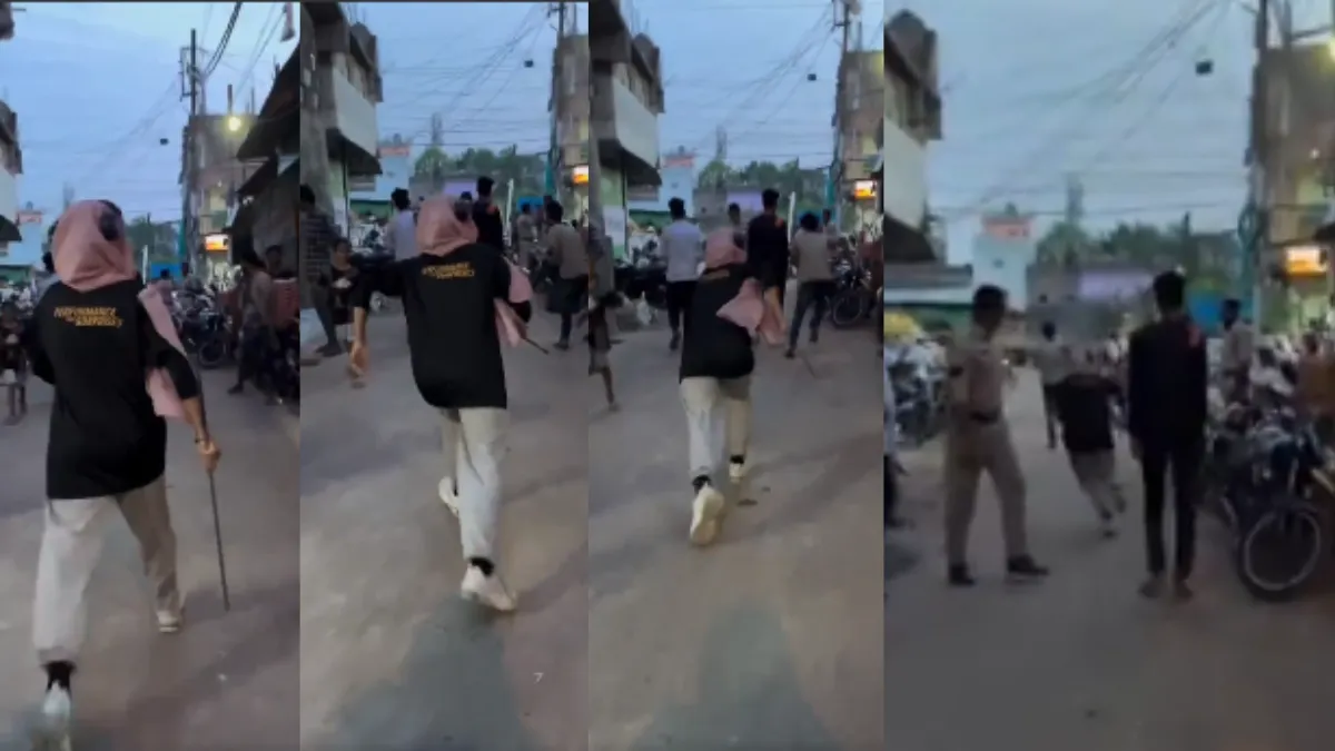 करोट में एक युवती ईव-टीज़िंग करने वाले युवक को डंडे से मारती हुई।