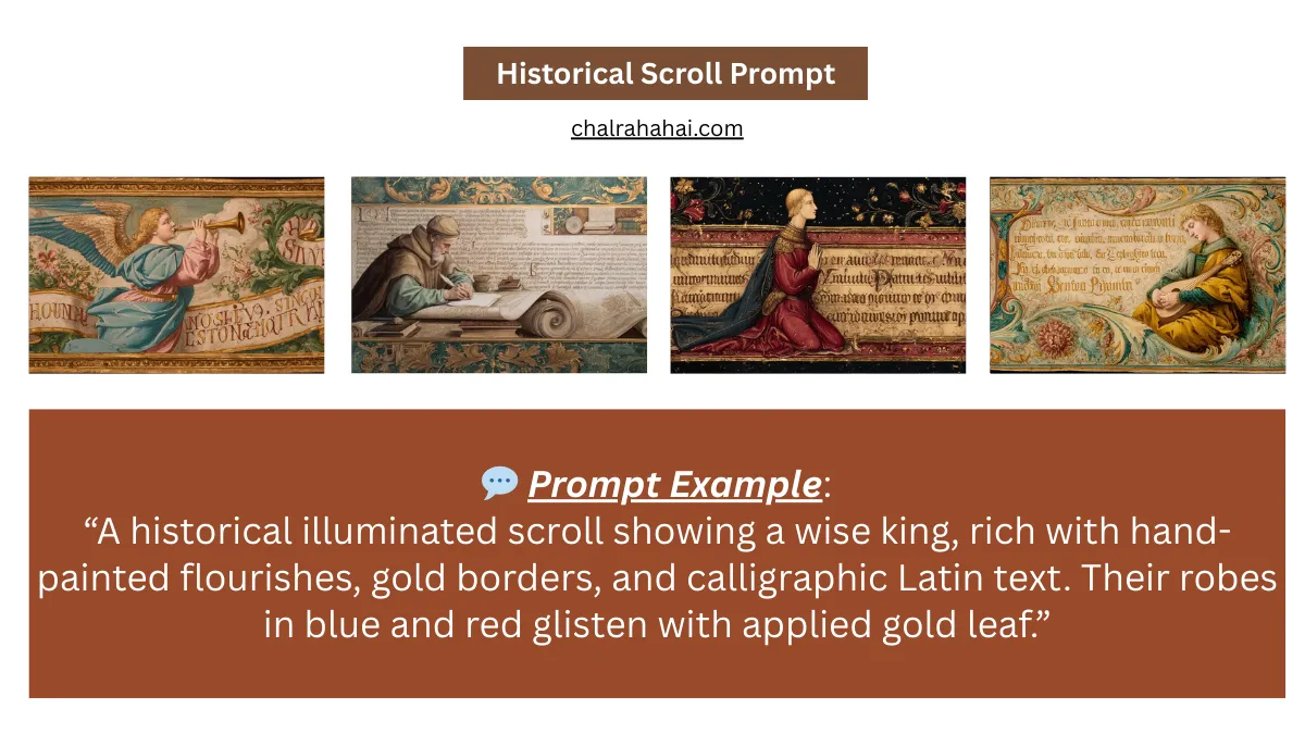 Historical Scroll Prompt, Medieval Style AI Art, Illuminated Manuscript Digital Art, Gold Leaf Scroll AI, Historical Scroll Art