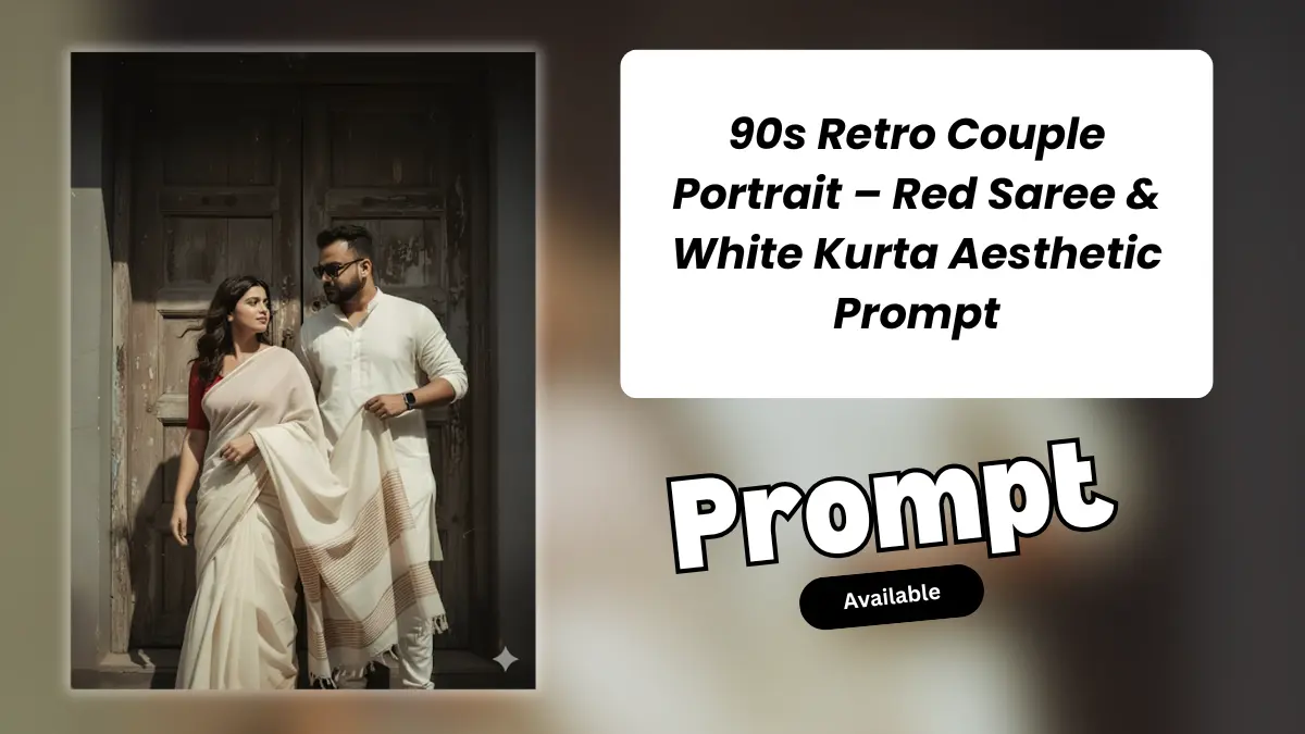 Couple Portrait Prompt, Gemini AI Retro Look, Romantic Couple Photo, Vintage Saree Kurta Prompt, 90s Movie Couple Aesthetic