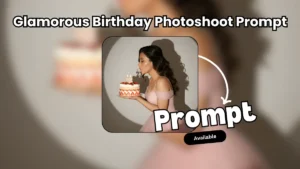 Glamorous Birthday Photoshoot Prompt – Pink Ball Gown & Strawberry Cake