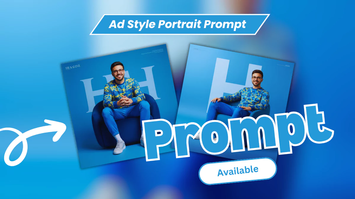 Ad Style Portrait Prompt, AI Fashion Editorial Photography, Blue Outfit Photoshoot, AI Advertisement Portrait, Stylish Modern Portrait