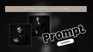Dramatic Black & White Portrait Prompt – All Black Suit with Moody Studio Look