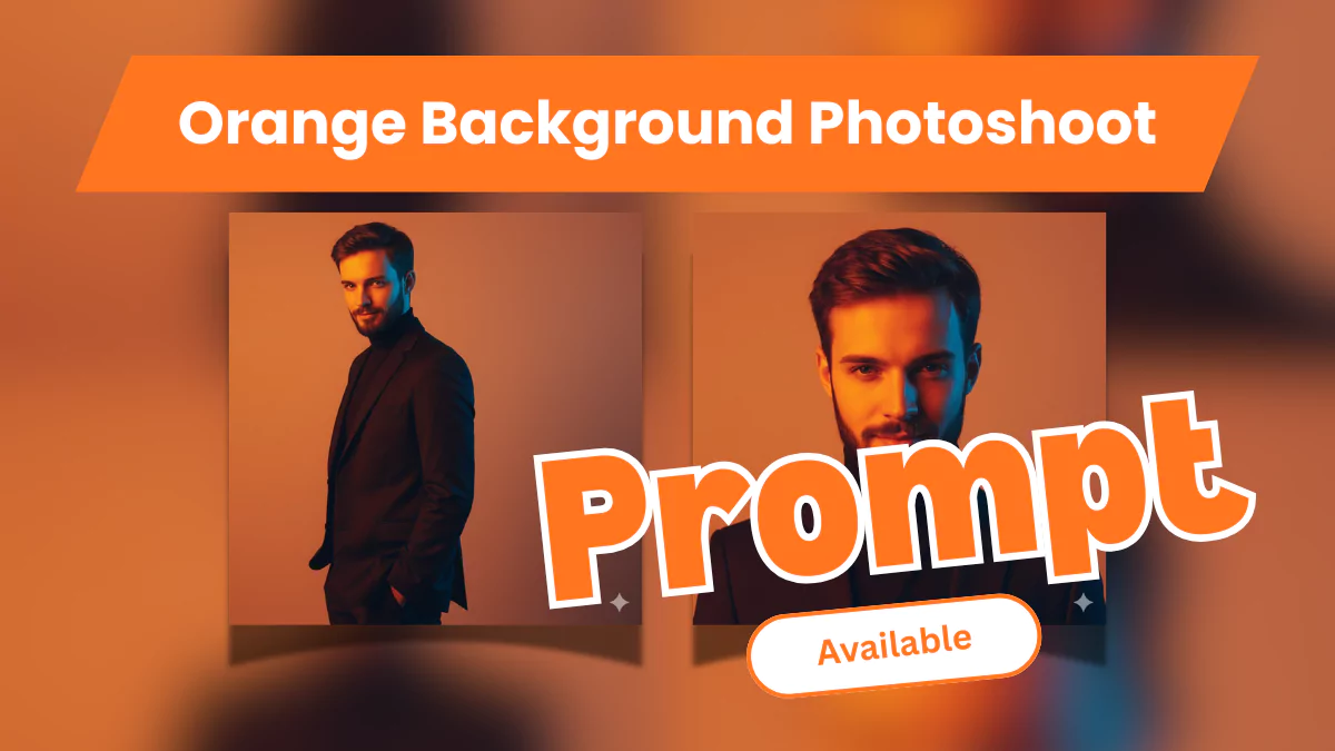 Cinematic Portrait Prompt, AI Editorial Photography, Black Suit Studio Portrait, Orange Background Photoshoot, AI Fashion Photography