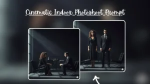 Cinematic Indoor Photoshoot Prompt – Man in Black Suit & Woman with Curly Hair