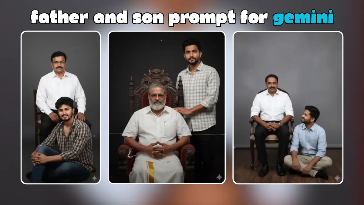 father and son prompt for gemini, Father and Son Portrait Prompt, AI Studio Portrait, South Indian Traditional Attire, Cinematic Family Portrait, Wooden Throne Photography