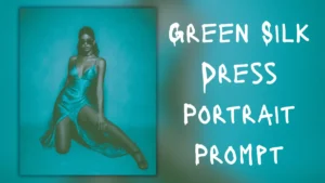 Fashion Editorial Prompt, Green Silk Dress Portrait, Dreamy Teal Background, AI Photoshoot Prompt, Stylish Woman Portrait