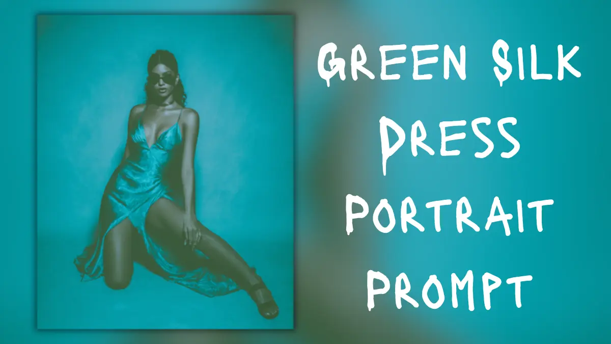 Fashion Editorial Prompt, Green Silk Dress Portrait, Dreamy Teal Background, AI Photoshoot Prompt, Stylish Woman Portrait