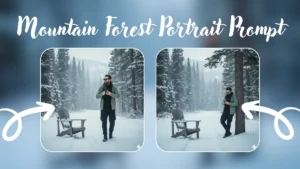 Cozy Mountain Forest Portrait Prompt – Tea, Snow & Cinematic Vibes