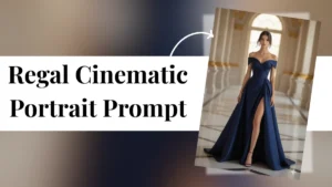 Regal Cinematic Portrait Prompt – Navy Blue Satin Gown in Ancient Hall