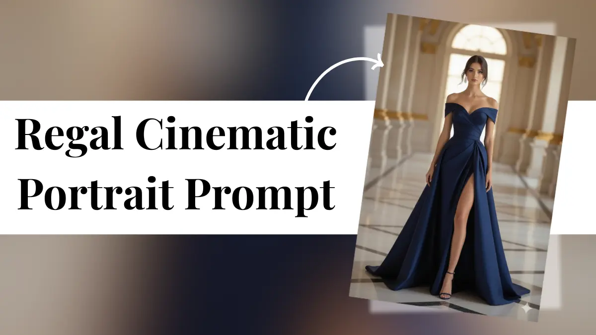 Cinematic Portrait Prompt, AI Fashion Photography, Regal Woman Portrait, Navy Blue Satin Gown Art, Ancient Hall Cinematic Artwork