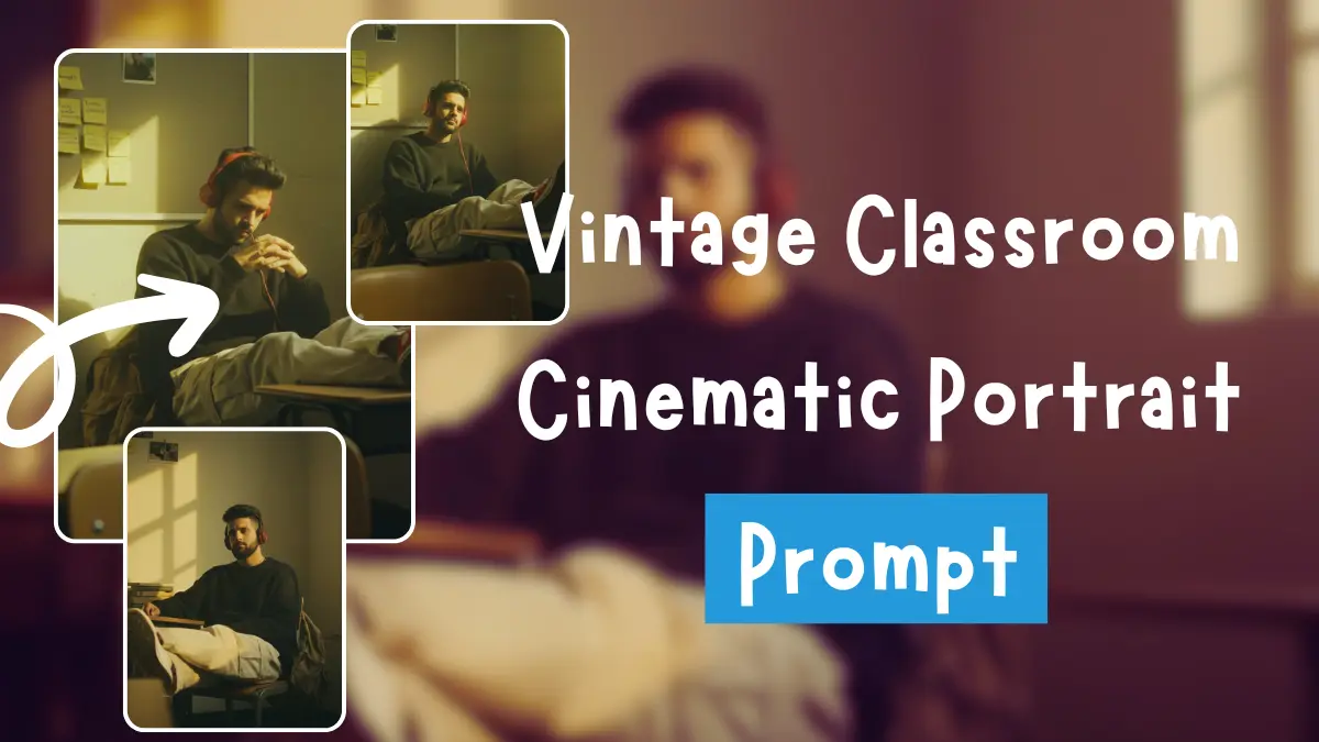 Vintage Classroom Portrait Prompt, AI Cinematic Portrait, Retro Film Look, Fujifilm Classic Chrome, Golden Light Photography, Analog Film Grain Portrait