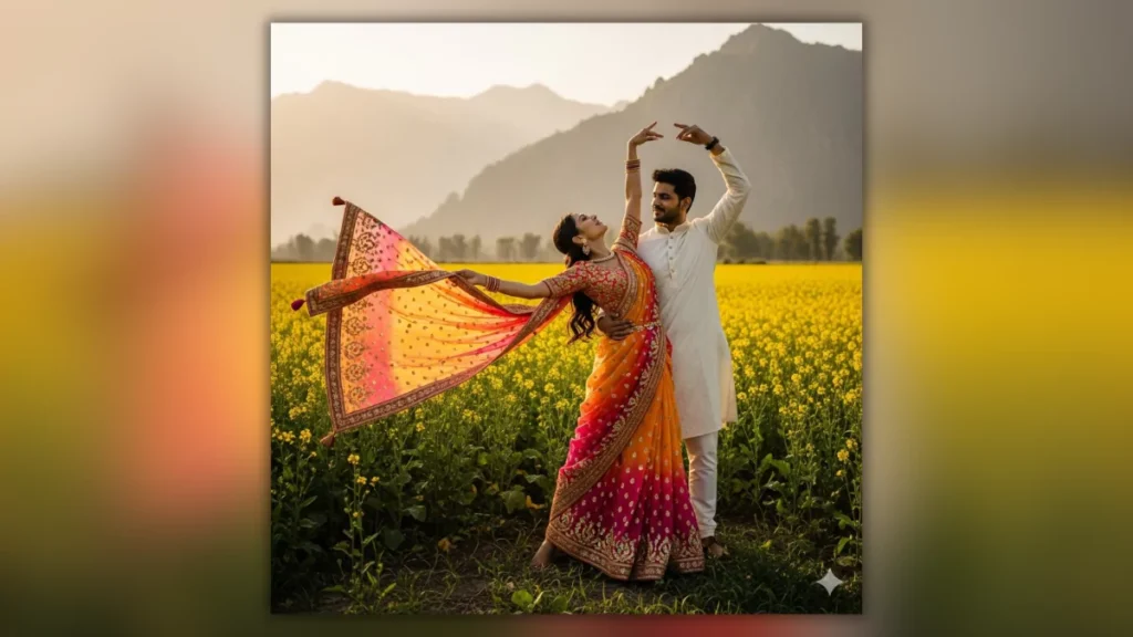 Couple AI Prompt, Romantic AI Portrait, Filmy Dance Pose, Ballroom Dance AI, Hug Pose AI, Rainy Umbrella Couple