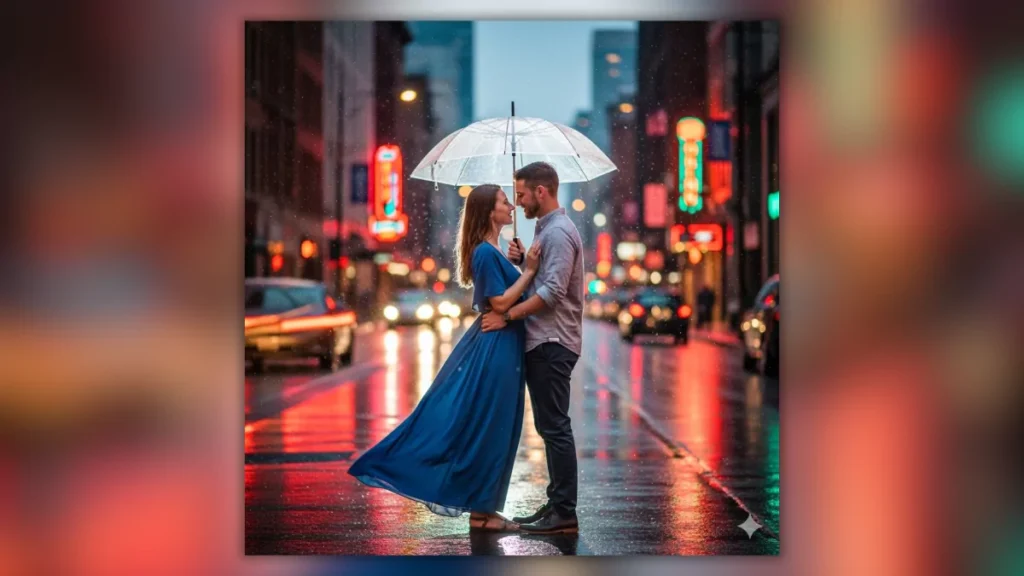 Couple AI Prompt, Romantic AI Portrait, Filmy Dance Pose, Ballroom Dance AI, Hug Pose AI, Rainy Umbrella Couple