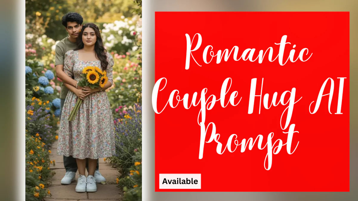 Couple AI Prompt, Romantic AI Portrait, Hug Pose AI, Garden Background AI, Cinematic Couple Portrait