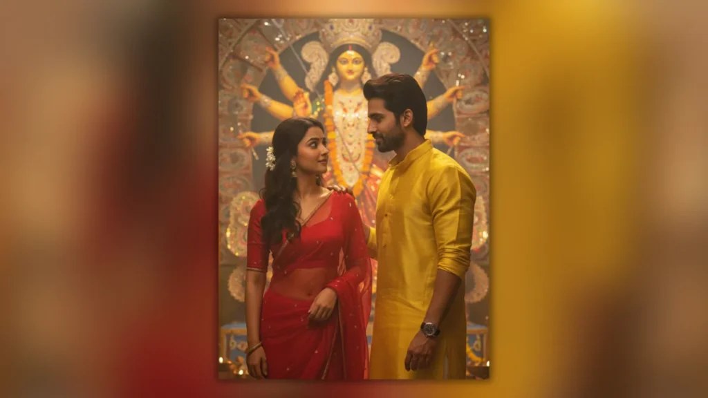 Romantic AI Prompt, Retro Saree Portrait, 90s Movie Style AI, Couple Portrait AI Prompt, Cinematic Love Photography