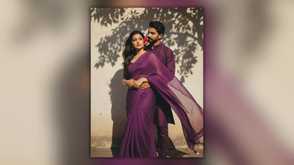Romantic AI Prompt, Retro Saree Portrait, 90s Movie Style AI, Couple Portrait AI Prompt, Cinematic Love Photography