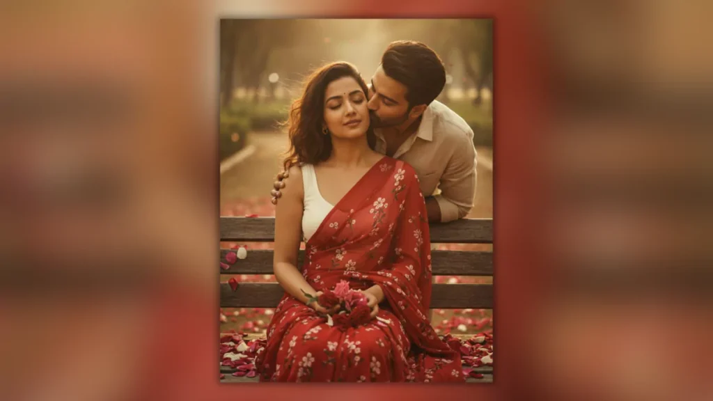 Romantic AI Prompt, Retro Saree Portrait, 90s Movie Style AI, Couple Portrait AI Prompt, Cinematic Love Photography
