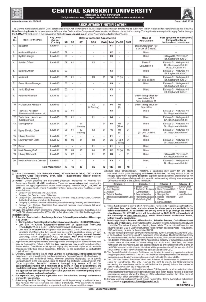 Central Sanskrit University Recruitment 2026
