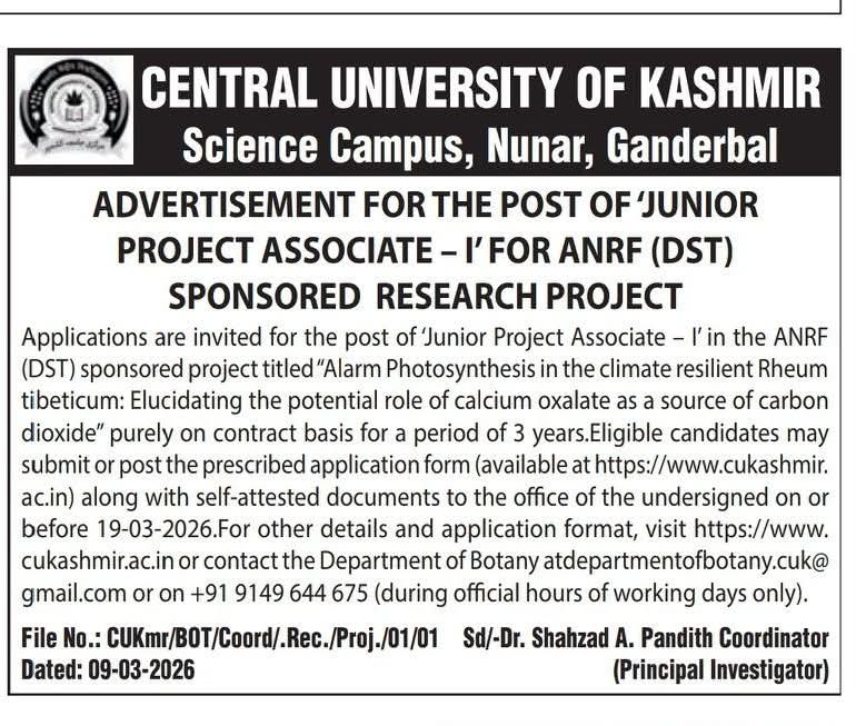 Central University of Kashmir Recruitment 2026