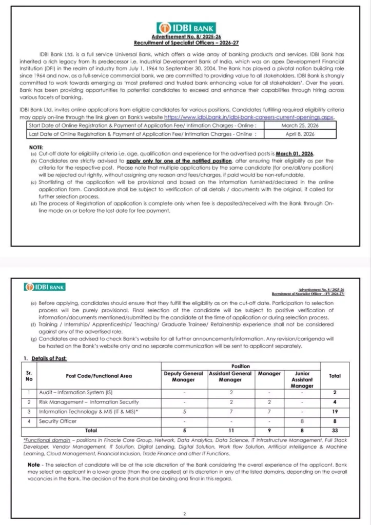 IDBI Bank Recruitment 2026
