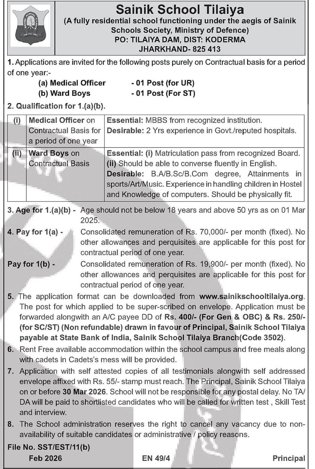 Sainik School Tilaiya Recruitment 2026