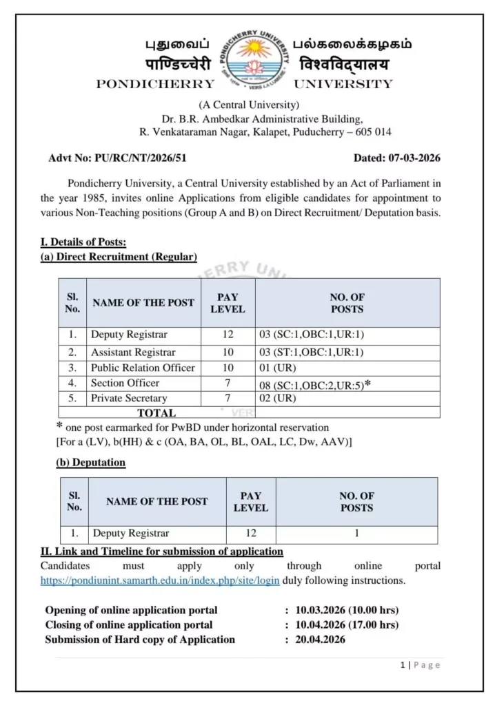 Pondicherry University Recruitment 2026